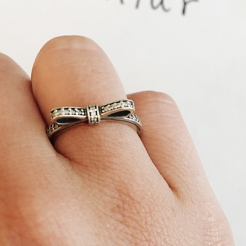Pandora Silver Bow Ring W/ Crystals (Size 6)